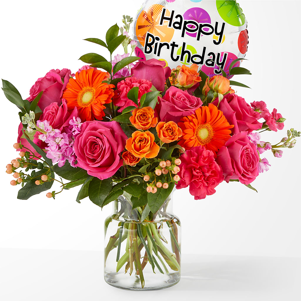Fiesta Bouquet with Birthday Balloon – Poplar Flower Shop, Terre Haute IN