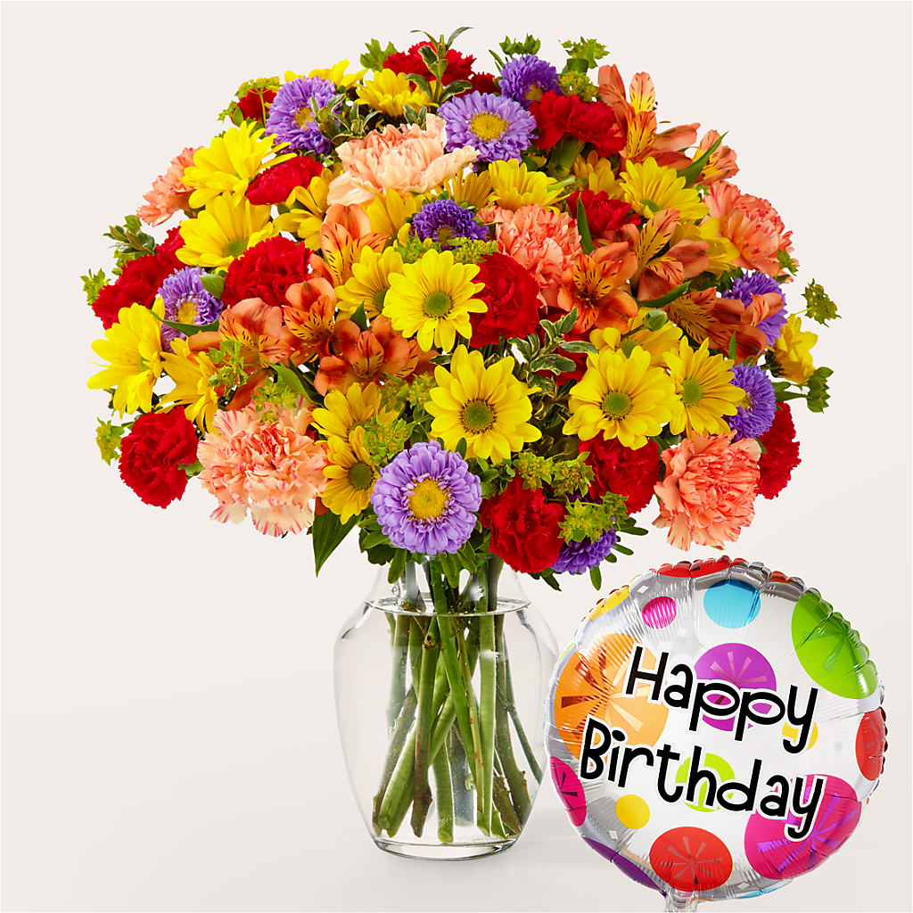 Kaleidoscope Bouquet with Birthday Balloon – Poplar Flower Shop, Terre Haute IN