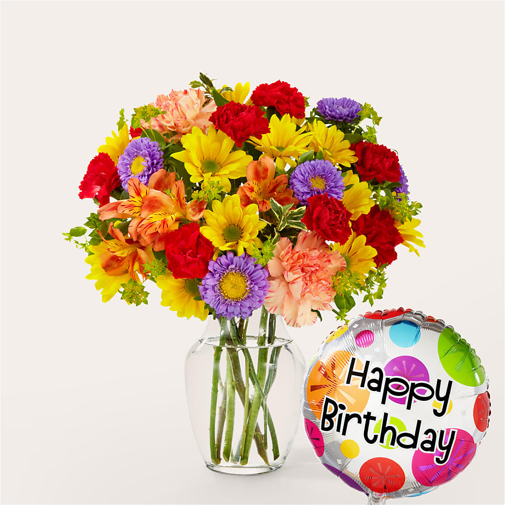 Kaleidoscope Bouquet with Birthday Balloon – Poplar Flower Shop, Terre Haute IN