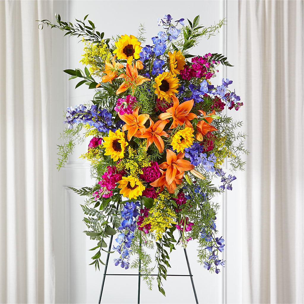 Sunlit Memories Standing Spray (Standard) – Poplar Flower Shop, Terre Haute IN